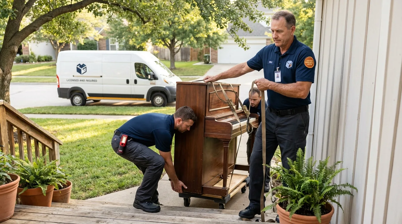 Licensed piano movers securing grand piano in Wind Gap, PA
